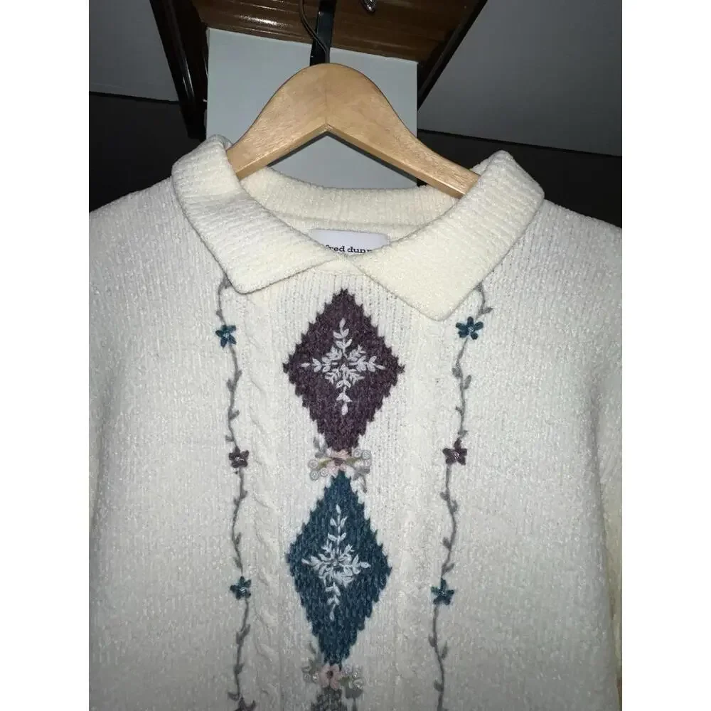 Vintage 1990s Alfred Dunner Cream Knit Collared  Grannycore Sweater Women L‎